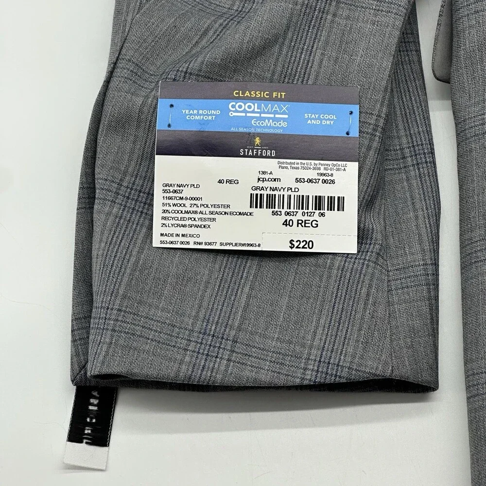 Stafford Cool Max Classic Fit Size 40R Gray Navy Plaid 2-Button Suit Jacket NWT